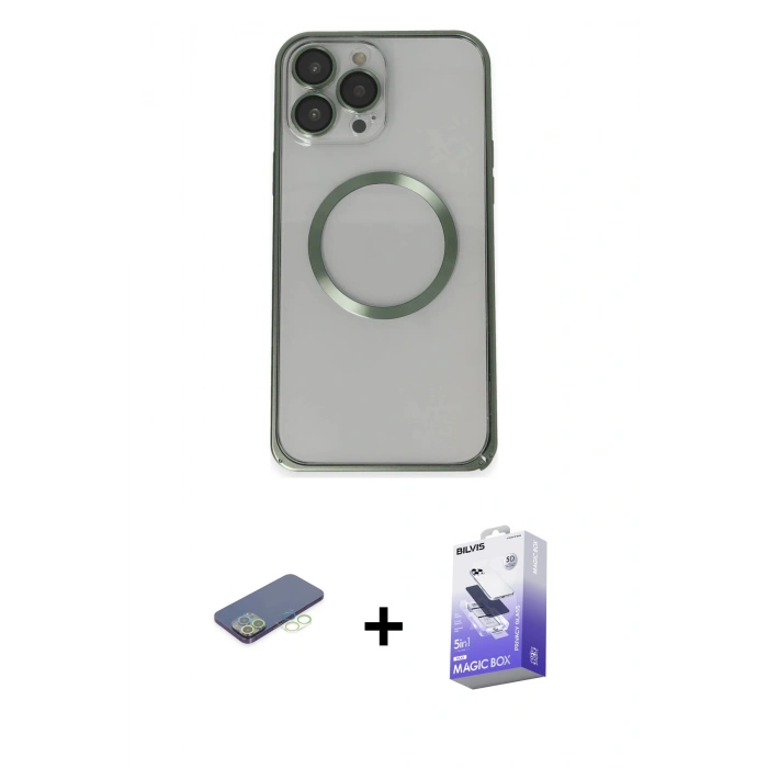 MARSİLYAN™- iPhone 13 Pro Max Kılıf Ahenk Işık Serisi - Siyah Bilvis 5in1 5D Magic Hayalet Cam Ekran Koruyucu + Renkli Kamera Lens Koruma Cam - YL