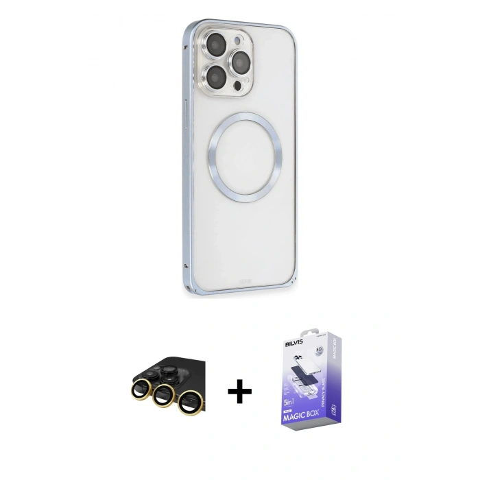 MARSİLYAN™- iPhone 13 Pro Max Kılıf Ahenk Işık Serisi - Siyah Bilvis 5in1 5D Magic Hayalet Cam Ekran Koruyucu + Raze Metal Kamera Lens - GD
