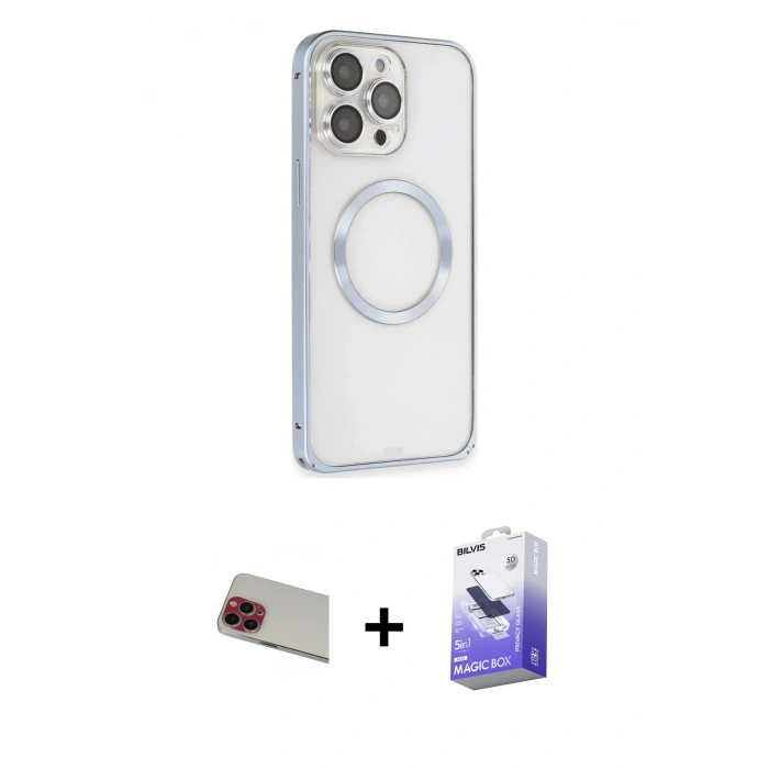 MARSİLYAN™- iPhone 13 Pro Max Kılıf Ahenk Işık Serisi - Siyah Bilvis 5in1 5D Magic Hayalet Cam Ekran Koruyucu + Kırmızı Rainbow Kamera Lens Koruma Cam