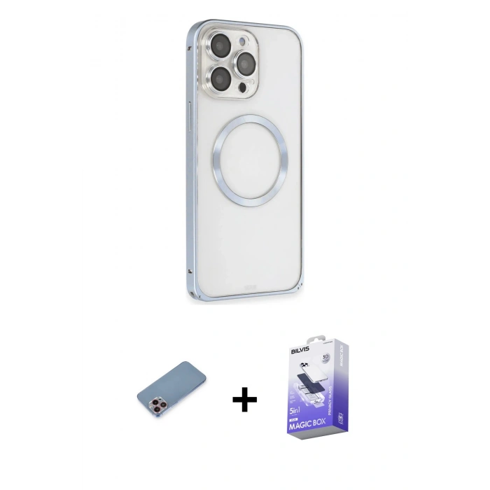 MARSİLYAN™- iPhone 13 Pro Max Kılıf Ahenk Işık Serisi - Siyah Bilvis 5in1 5D Magic Hayalet Cam Ekran Koruyucu + Shine Kamera Lens Koruma Cam - PE