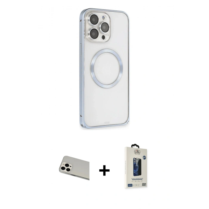 MARSİLYAN™- iPhone 13 Pro Max Kılıf Ahenk Işık Serisi - Siyah Bilvis Hayalet Cam Ekran Koruyucu + Rainbow Kamera Lens Koruma Cam - BZ