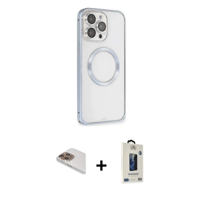 MARSİLYAN™- iPhone 13 Pro Max Kılıf Ahenk Işık Serisi - Siyah Bilvis Hayalet Cam Ekran Koruyucu + Gold Pers Alüminyum Kamera Lens