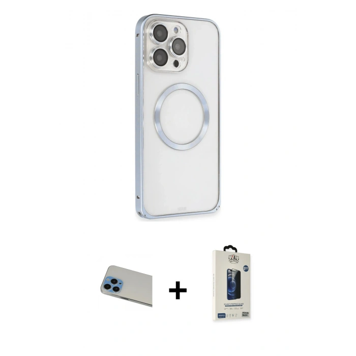 MARSİLYAN™- iPhone 13 Pro Max Kılıf Ahenk Işık Serisi - Siyah Bilvis Hayalet Cam Ekran Koruyucu + Rainbow Kamera Lens Koruma Cam - MI