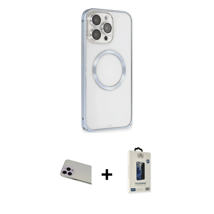MARSİLYAN™- iPhone 13 Pro Max Kılıf Ahenk Işık Serisi - Siyah Bilvis Hayalet Cam Ekran Koruyucu + Rainbow Kamera Lens Koruma Cam - MR