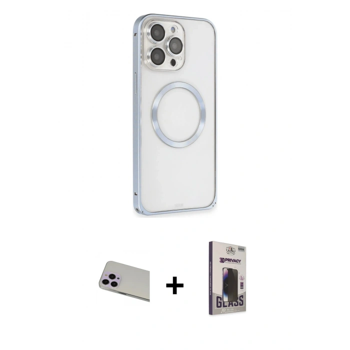 MARSİLYAN™- iPhone 13 Pro Max Kılıf Ahenk Işık Serisi - Siyah Bilvis Hayalet Cam Ekran Koruyucu + Rainbow Kamera Lens Koruma Cam - MR