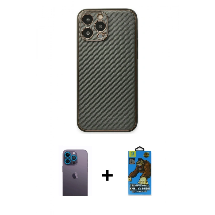MARSİLYAN™- iPhone 13 Pro Max Kılıf Ahenk Işık - Siyah 18D Cam Ekran Koruyucu + Neon Fosforlu Kamera Lens - MI