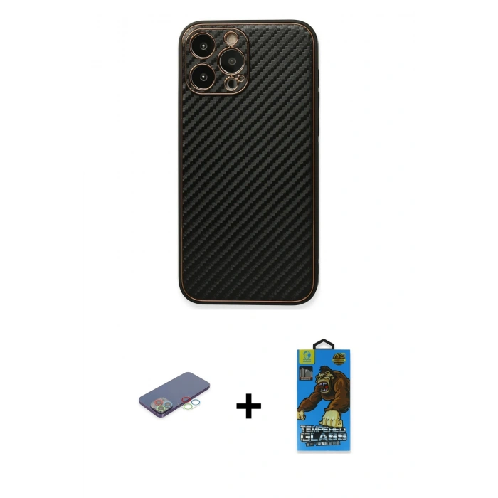 MARSİLYAN™- iPhone 13 Pro Max Kılıf Ahenk Işık - Siyah 18D Cam Ekran Koruyucu + Renkli Kamera Lens Koruma Cam - MI