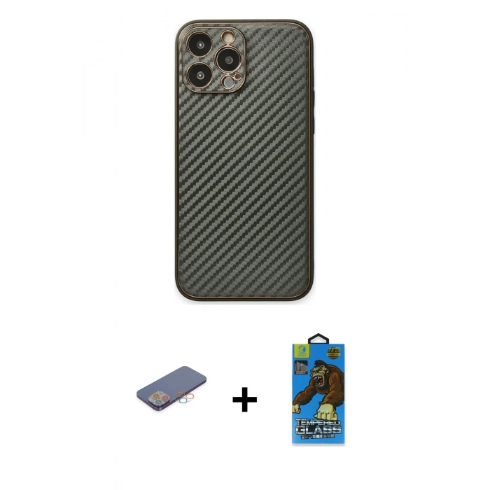 MARSİLYAN™- iPhone 13 Pro Max Kılıf Ahenk Işık - Siyah 18D Cam Ekran Koruyucu + Renkli Kamera Lens Koruma Cam - PE