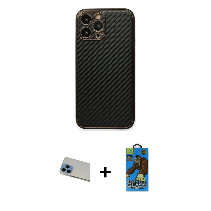 MARSİLYAN™- iPhone 13 Pro Max Kılıf Ahenk Işık - Siyah 18D Cam Ekran Koruyucu + Rainbow Kamera Lens Koruma Cam - MI