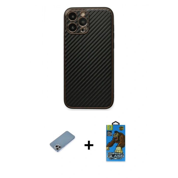 MARSİLYAN™- iPhone 13 Pro Max Kılıf Ahenk Işık - Siyah 18D Cam Ekran Koruyucu + Shine Kamera Lens Koruma Cam - GI