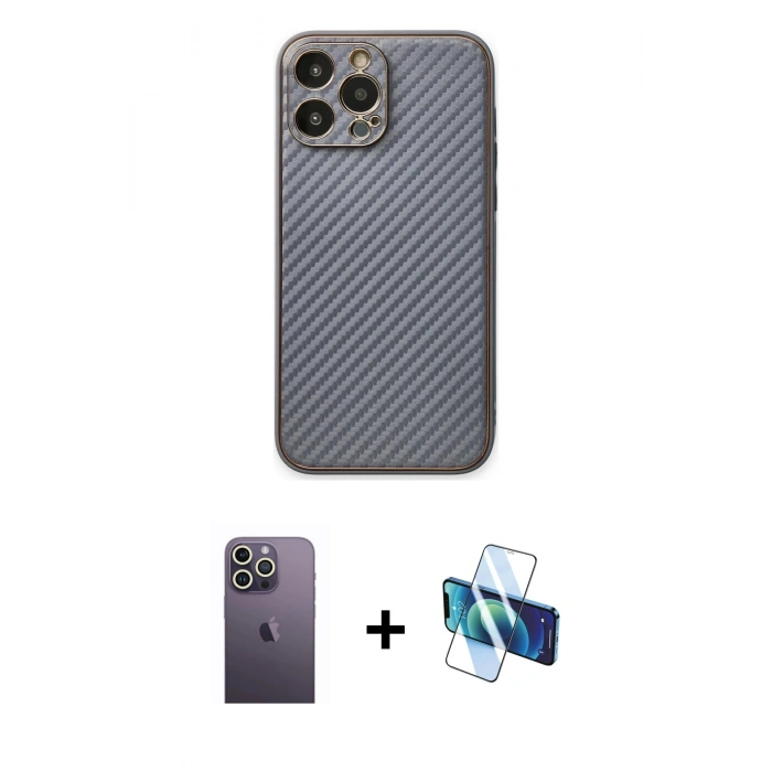 MARSİLYAN™- iPhone 13 Pro Max Kılıf Ahenk Işık - Siyah 3D Antistatik Cam Ekran Koruyucu + Neon Fosforlu Kamera Lens - BZ