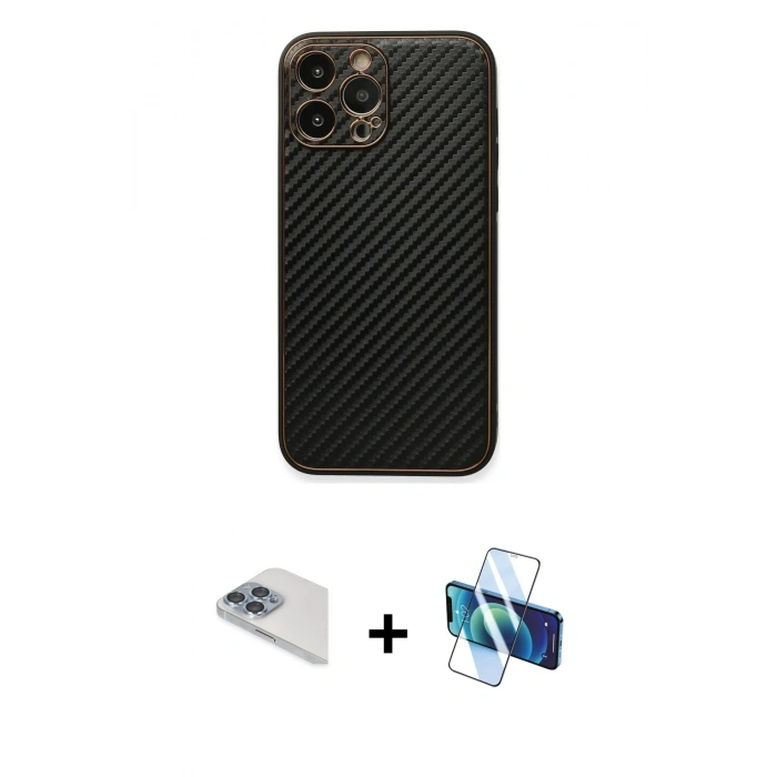 MARSİLYAN™- iPhone 13 Pro Max Kılıf Ahenk Işık - Siyah 3D Antistatik Cam Ekran Koruyucu + Pers Alüminyum Kamera Lens - SABE