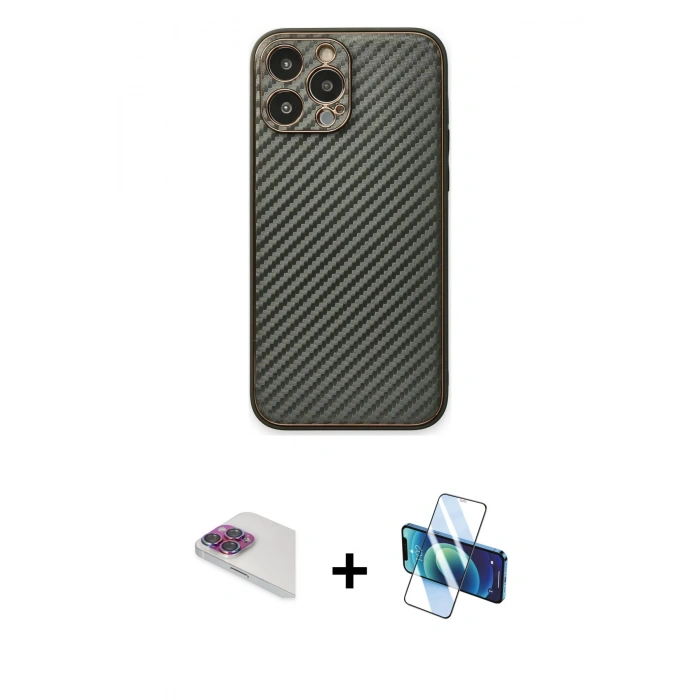 MARSİLYAN™- iPhone 13 Pro Max Kılıf Ahenk Işık - Siyah 3D Antistatik Cam Ekran Koruyucu + Pers Alüminyum Kamera Lens - GI