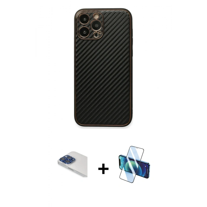 MARSİLYAN™- iPhone 13 Pro Max Kılıf Ahenk Işık - Siyah 3D Antistatik Cam Ekran Koruyucu + Pers Alüminyum Kamera Lens - LT