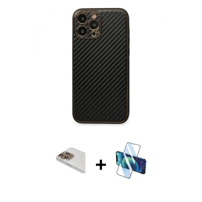 MARSİLYAN™- iPhone 13 Pro Max Kılıf Ahenk Işık - Siyah 3D Antistatik Cam Ekran Koruyucu + Pers Alüminyum Kamera Lens - GD