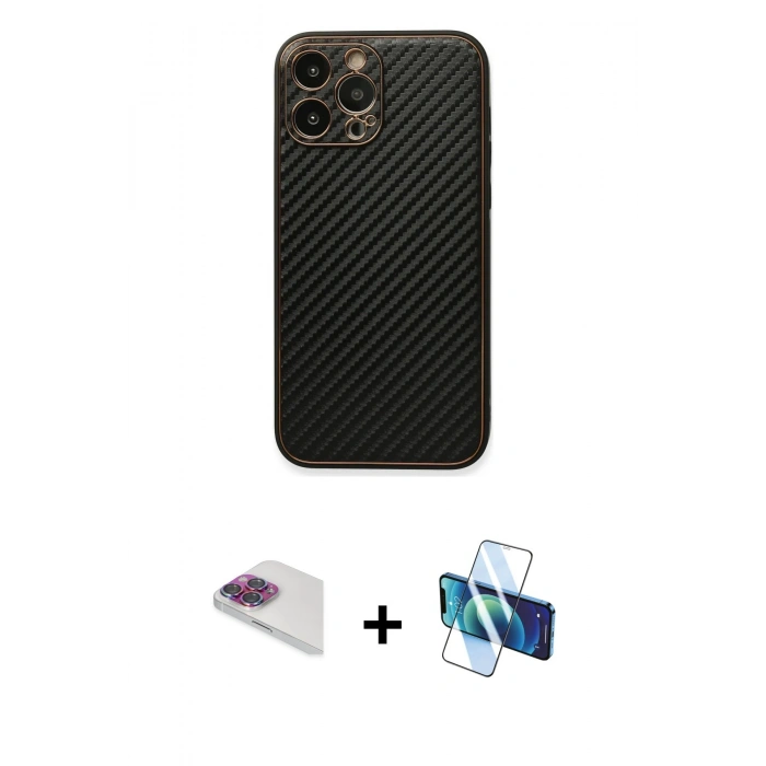MARSİLYAN™- iPhone 13 Pro Max Kılıf Ahenk Işık - Siyah 3D Antistatik Cam Ekran Koruyucu + Pers Alüminyum Kamera Lens - GI