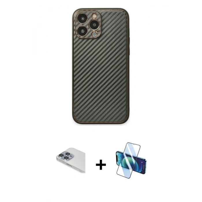 MARSİLYAN™- iPhone 13 Pro Max Kılıf Ahenk Işık - Siyah 3D Antistatik Cam Ekran Koruyucu + Pers Alüminyum Kamera Lens - SABE
