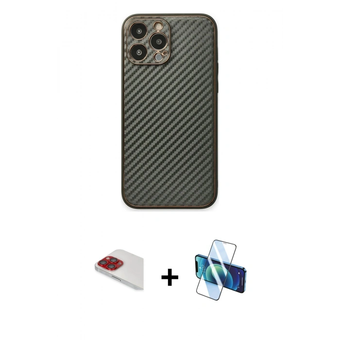 MARSİLYAN™- iPhone 13 Pro Max Kılıf Ahenk Işık - Siyah 3D Antistatik Cam Ekran Koruyucu + Pers Alüminyum Kamera Lens - KI