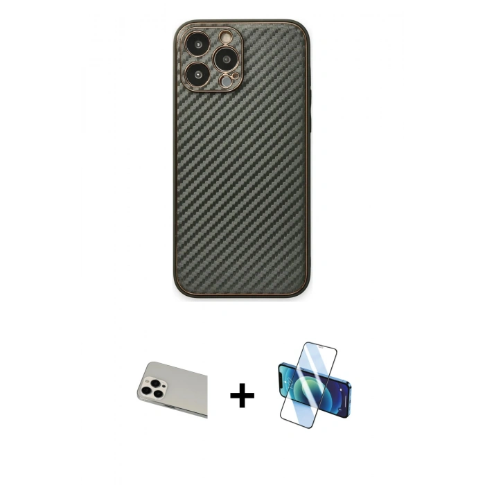 MARSİLYAN™- iPhone 13 Pro Max Kılıf Ahenk Işık - Siyah 3D Antistatik Cam Ekran Koruyucu + Rainbow Kamera Lens Koruma Cam - BZ