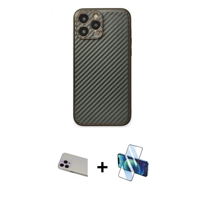 MARSİLYAN™- iPhone 13 Pro Max Kılıf Ahenk Işık - Siyah 3D Antistatik Cam Ekran Koruyucu + Rainbow Kamera Lens Koruma Cam - MR
