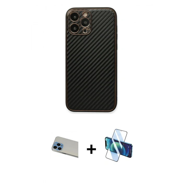 MARSİLYAN™- iPhone 13 Pro Max Kılıf Ahenk Işık - Siyah 3D Antistatik Cam Ekran Koruyucu + Rainbow Kamera Lens Koruma Cam - MI