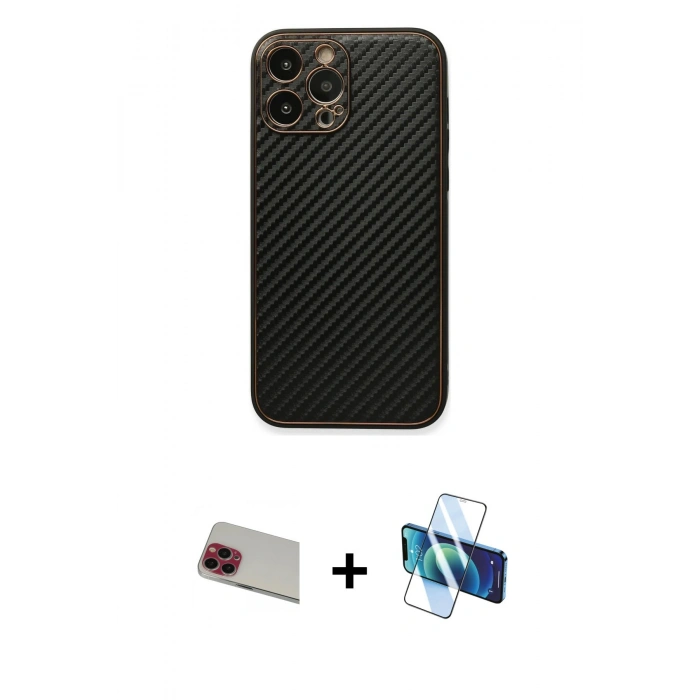 MARSİLYAN™- iPhone 13 Pro Max Kılıf Ahenk Işık - Siyah 3D Antistatik Cam Ekran Koruyucu + Rainbow Kamera Lens Koruma Cam - KI