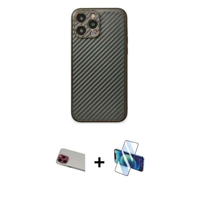 MARSİLYAN™- iPhone 13 Pro Max Kılıf Ahenk Işık - Siyah 3D Antistatik Cam Ekran Koruyucu + Rainbow Kamera Lens Koruma Cam - KI