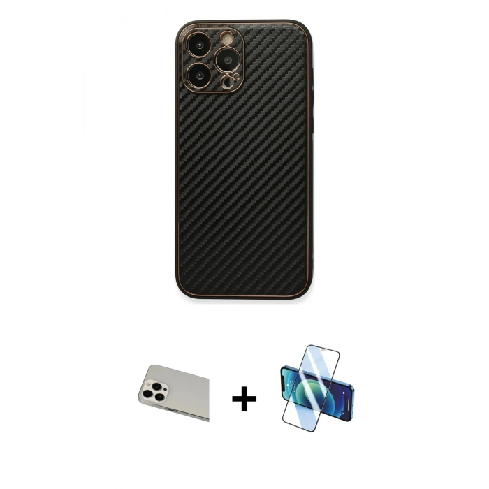 MARSİLYAN™- iPhone 13 Pro Max Kılıf Ahenk Işık - Siyah 3D Antistatik Cam Ekran Koruyucu + Rainbow Kamera Lens Koruma Cam - BZ