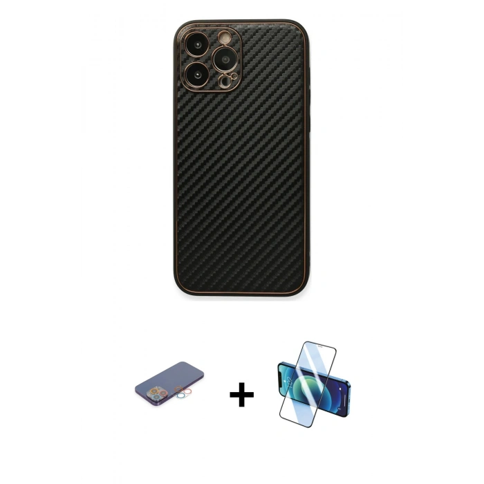 MARSİLYAN™- iPhone 13 Pro Max Kılıf Ahenk Işık - Siyah 3D Antistatik Cam Ekran Koruyucu + Renkli Kamera Lens Koruma Cam - PE