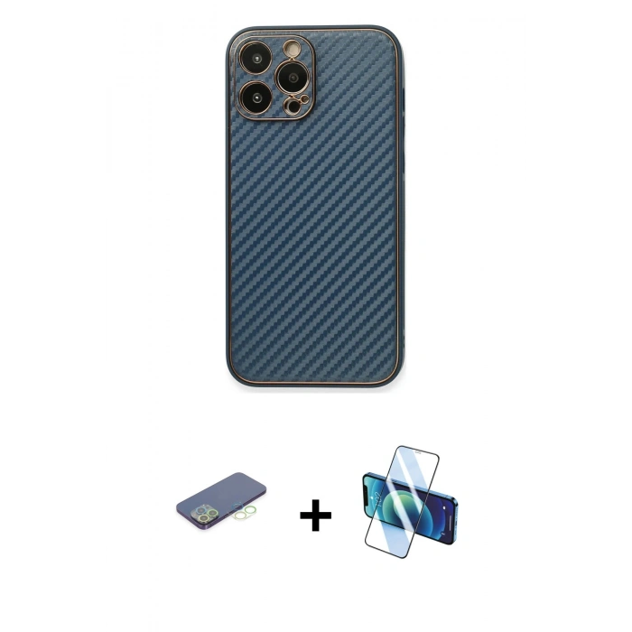 MARSİLYAN™- iPhone 13 Pro Max Kılıf Ahenk Işık - Siyah 3D Antistatik Cam Ekran Koruyucu + Renkli Kamera Lens Koruma Cam - YL