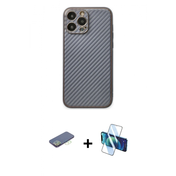 MARSİLYAN™- iPhone 13 Pro Max Kılıf Ahenk Işık - Siyah 3D Antistatik Cam Ekran Koruyucu + Renkli Kamera Lens Koruma Cam - YL