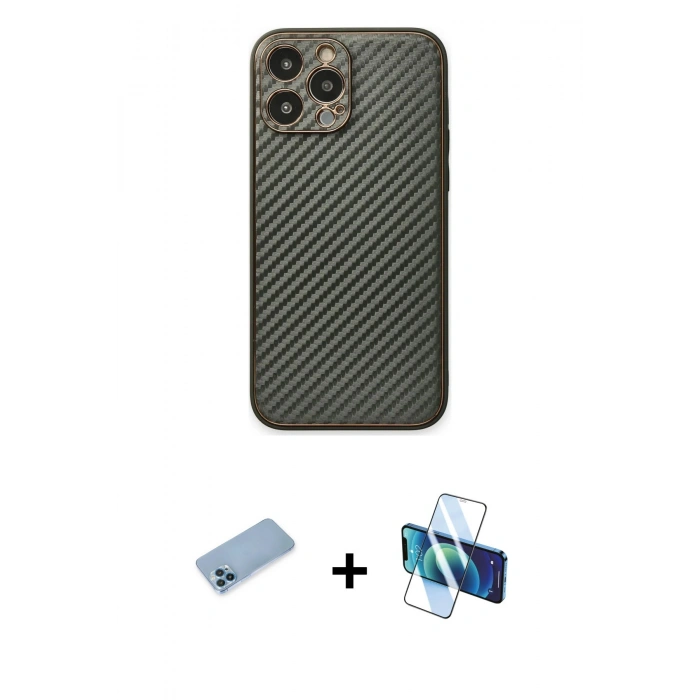 MARSİLYAN™- iPhone 13 Pro Max Kılıf Ahenk Işık - Siyah 3D Antistatik Cam Ekran Koruyucu + Shine Kamera Lens Koruma Cam - MI