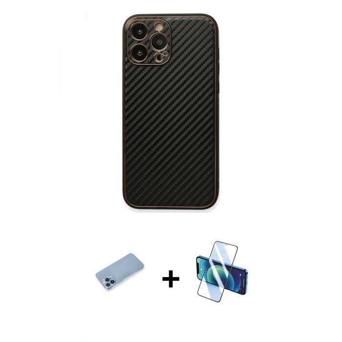 MARSİLYAN™- iPhone 13 Pro Max Kılıf Ahenk Işık - Siyah 3D Antistatik Cam Ekran Koruyucu + Shine Kamera Lens Koruma Cam - MI