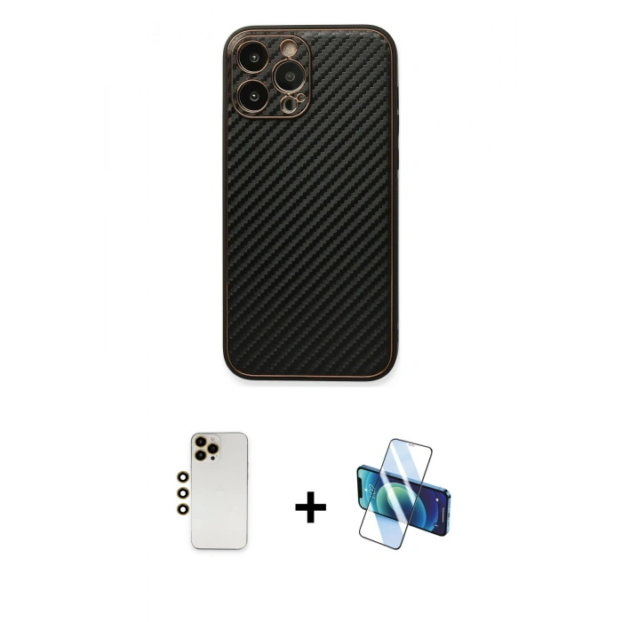 MARSİLYAN™- iPhone 13 Pro Max Kılıf Ahenk Işık - Siyah 3D Antistatik Cam Ekran Koruyucu + Shine Kamera Lens - GD