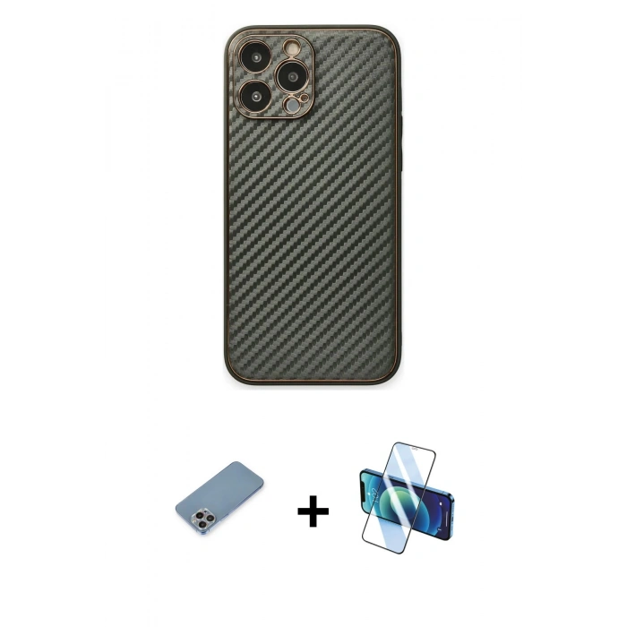 MARSİLYAN™- iPhone 13 Pro Max Kılıf Ahenk Işık - Siyah 3D Antistatik Cam Ekran Koruyucu + Shine Kamera Lens Koruma Cam - GI