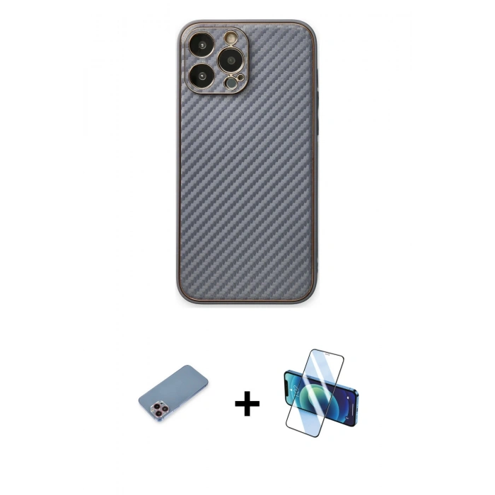 MARSİLYAN™- iPhone 13 Pro Max Kılıf Ahenk Işık - Siyah 3D Antistatik Cam Ekran Koruyucu + Shine Kamera Lens Koruma Cam - PE