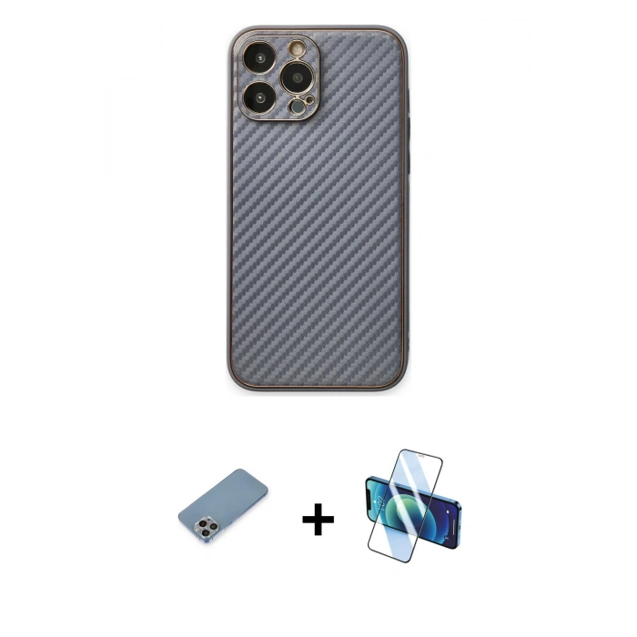 MARSİLYAN™- iPhone 13 Pro Max Kılıf Ahenk Işık - Siyah 3D Antistatik Cam Ekran Koruyucu + Shine Kamera Lens Koruma Cam - GI