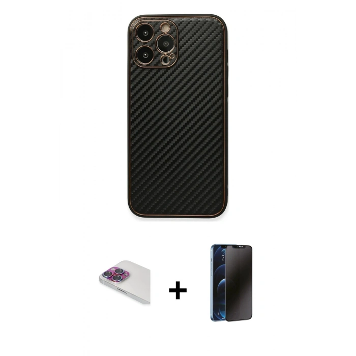 MARSİLYAN™- iPhone 13 Pro Max Kılıf Ahenk Işık - Siyah 3D Antistatik Hayalet Cam Ekran Koruyucu + Pers Alüminyum Kamera Lens - GI