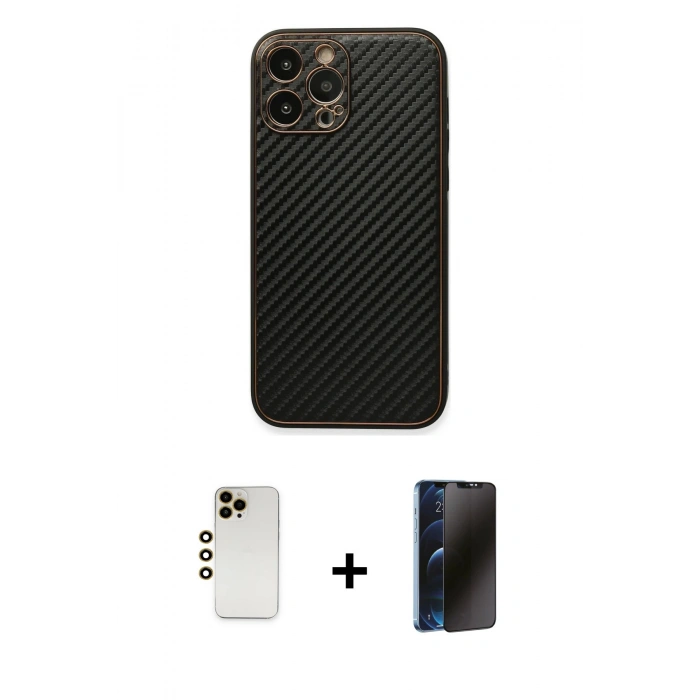 MARSİLYAN™- iPhone 13 Pro Max Kılıf Ahenk Işık - Siyah 3D Antistatik Hayalet Cam Ekran Koruyucu + Shine Kamera Lens - GD