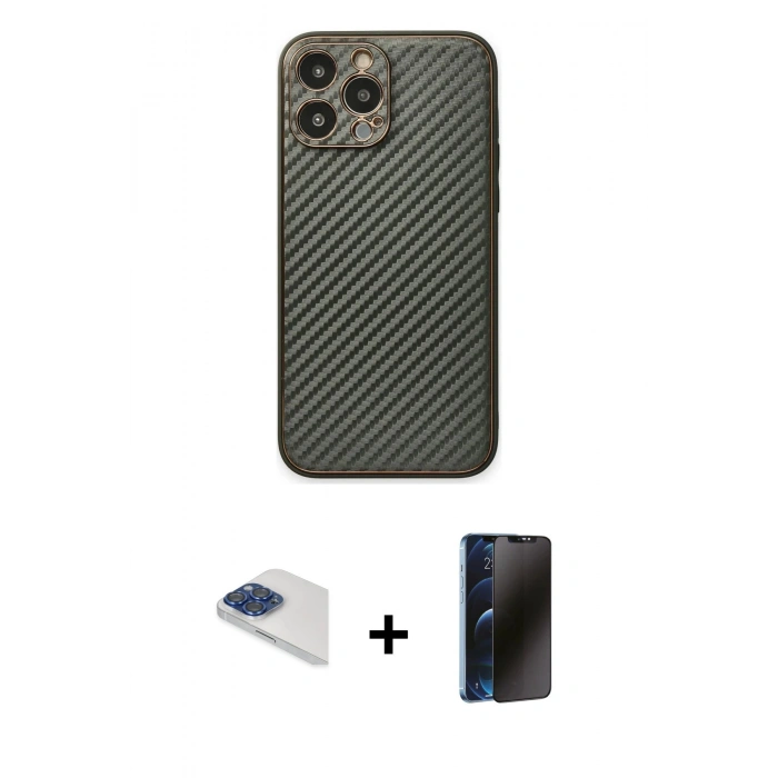 MARSİLYAN™- iPhone 13 Pro Max Kılıf Ahenk Işık - Siyah 3D Antistatik Hayalet Cam Ekran Koruyucu + Lacivert Pers Alüminyum Kamera Lens