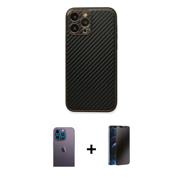 MARSİLYAN™- iPhone 13 Pro Max Kılıf Ahenk Işık - Siyah 3D Antistatik Hayalet Cam Ekran Koruyucu + Neon Fosforlu Kamera Lens - MI