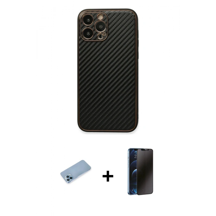 MARSİLYAN™- iPhone 13 Pro Max Kılıf Ahenk Işık - Siyah 3D Antistatik Hayalet Cam Ekran Koruyucu + Shine Kamera Lens Koruma Cam - MI