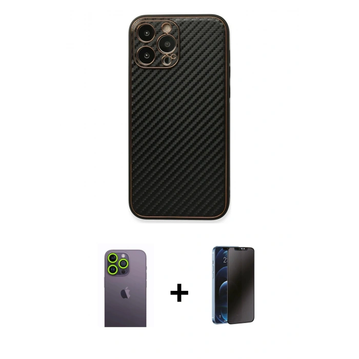 MARSİLYAN™- iPhone 13 Pro Max Kılıf Ahenk Işık - Siyah 3D Antistatik Hayalet Cam Ekran Koruyucu + Neon Fosforlu Kamera Lens - YL