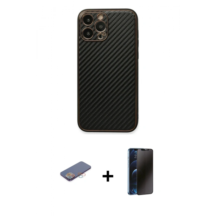 MARSİLYAN™- iPhone 13 Pro Max Kılıf Ahenk Işık - Siyah 3D Antistatik Hayalet Cam Ekran Koruyucu + Renkli Kamera Lens Koruma Cam - PE