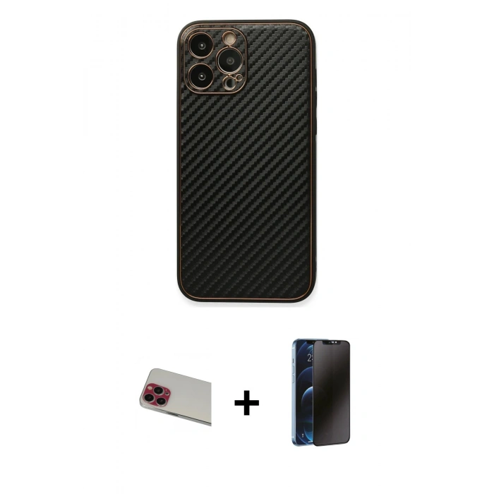 MARSİLYAN™- iPhone 13 Pro Max Kılıf Ahenk Işık - Siyah 3D Antistatik Hayalet Cam Ekran Koruyucu + Rainbow Kamera Lens Koruma Cam - KI