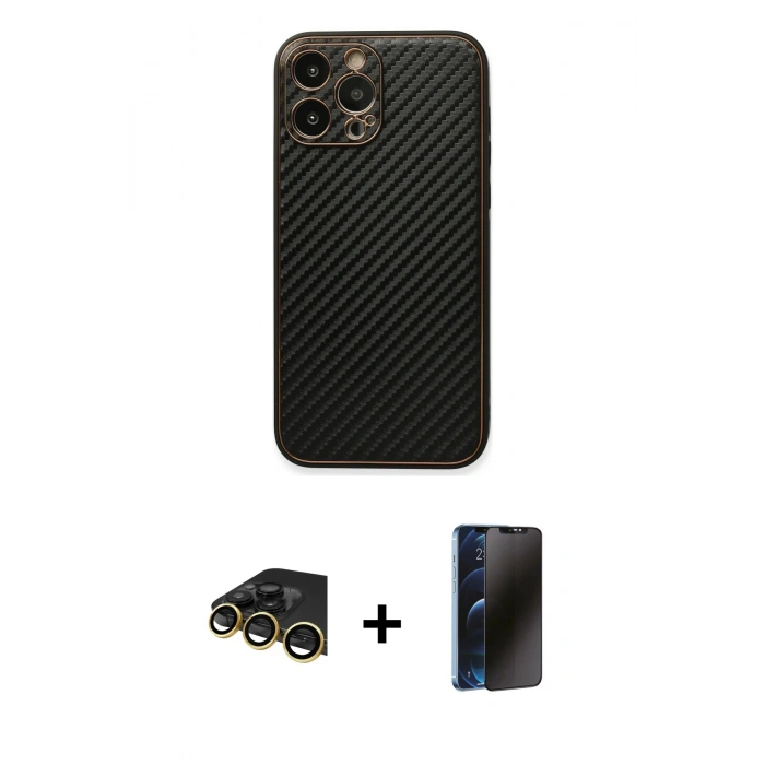 MARSİLYAN™- iPhone 13 Pro Max Kılıf Ahenk Işık - Siyah 3D Antistatik Hayalet Cam Ekran Koruyucu + Raze Metal Kamera Lens - GD