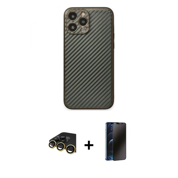 MARSİLYAN™- iPhone 13 Pro Max Kılıf Ahenk Işık - Siyah 3D Antistatik Hayalet Cam Ekran Koruyucu + Raze Metal Kamera Lens - GD