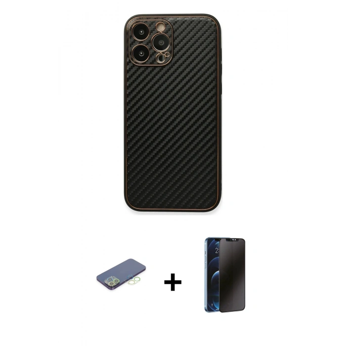 MARSİLYAN™- iPhone 13 Pro Max Kılıf Ahenk Işık - Siyah 3D Antistatik Hayalet Cam Ekran Koruyucu + Renkli Kamera Lens Koruma Cam - YL