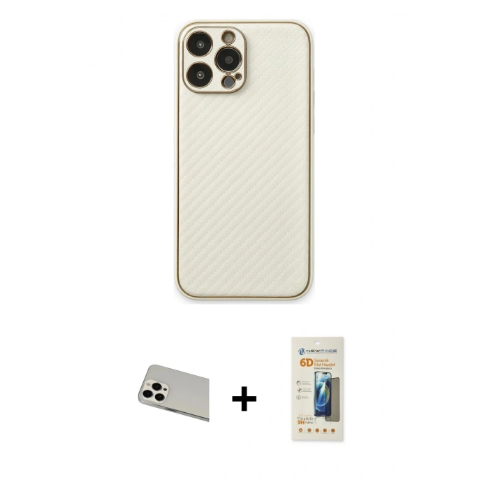 MARSİLYAN™- iPhone 13 Pro Max Kılıf Ahenk Işık - Siyah 6D Mat Seramik Hayalet Nano Ekran Koruyucu + Beyaz Rainbow Kamera Lens Koruma Cam