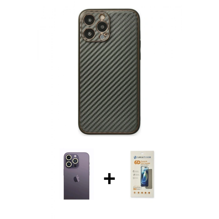 MARSİLYAN™- iPhone 13 Pro Max Kılıf Ahenk Işık - Siyah 6D Mat Seramik Hayalet Nano Ekran Koruyucu + Neon Fosforlu Kamera Lens - BZ